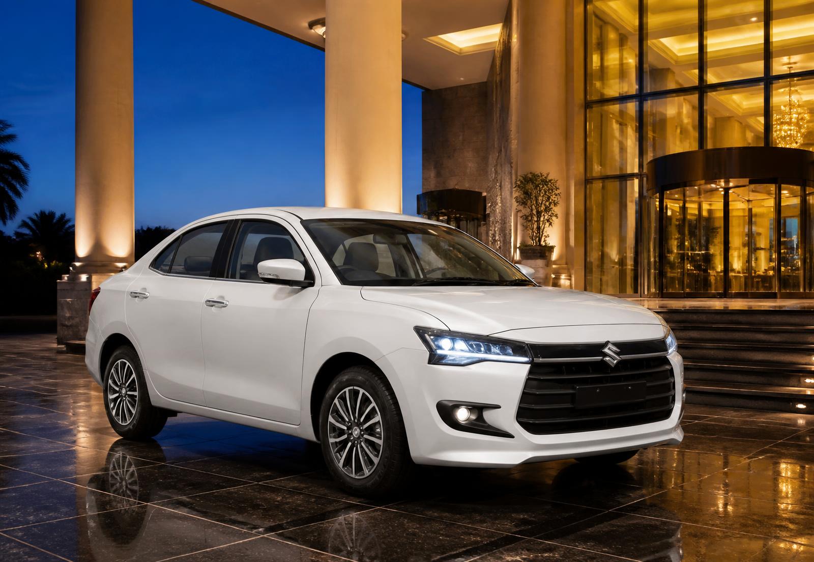 Pure white 2026 Maruti Suzuki Dzire chauffeur sedan at a five-star hotel entrance