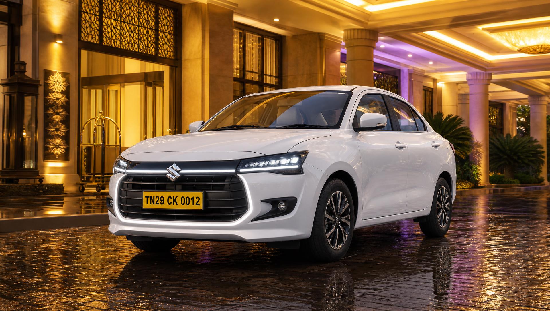 Indian chauffeur in white uniform opening the door of POLAAMAA™'s white Maruti Suzuki Dzire, registration TN29 CK 0012, at a heritage hotel portico