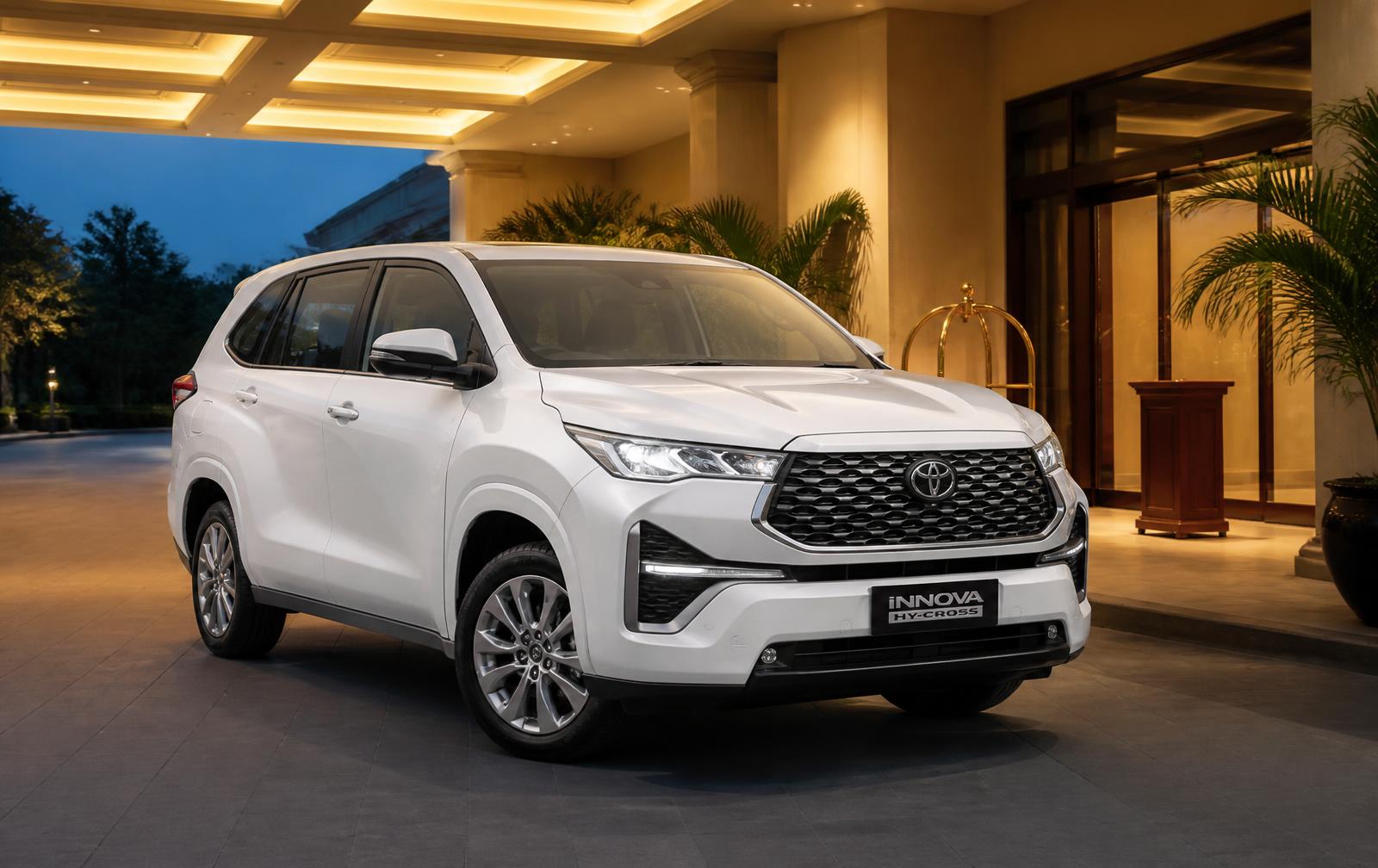 White Toyota Innova Hycross chauffeur car under a hotel portico