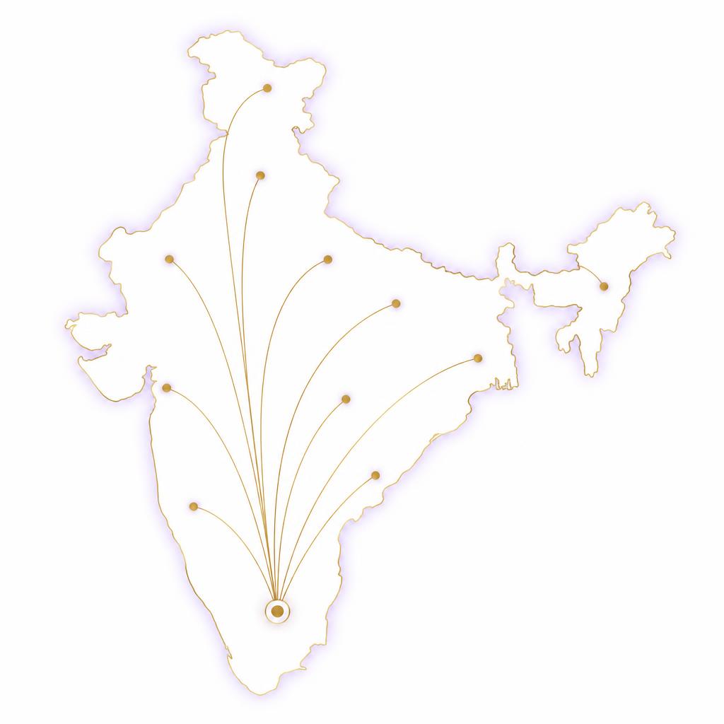 Map of India with gold chauffeur routes originating from Dharmapuri, Tamil Nadu